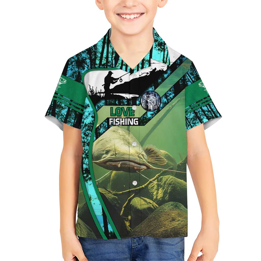 Flathead Catfish Custom Name Hawaiian Shirt Forest Silhouette and Green Blue Love Fishing Design - Wonder Print Shop