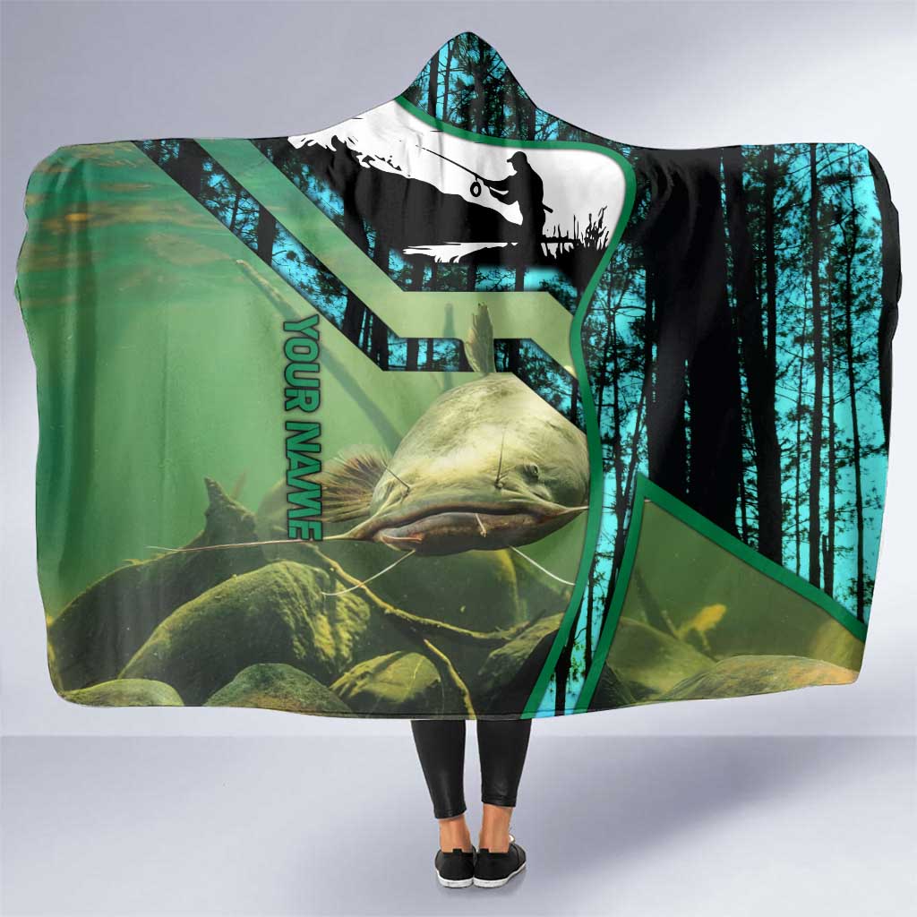 Flathead Catfish Custom Name Hooded Blanket Forest Silhouette and Green Blue Love Fishing Design - Wonder Print Shop