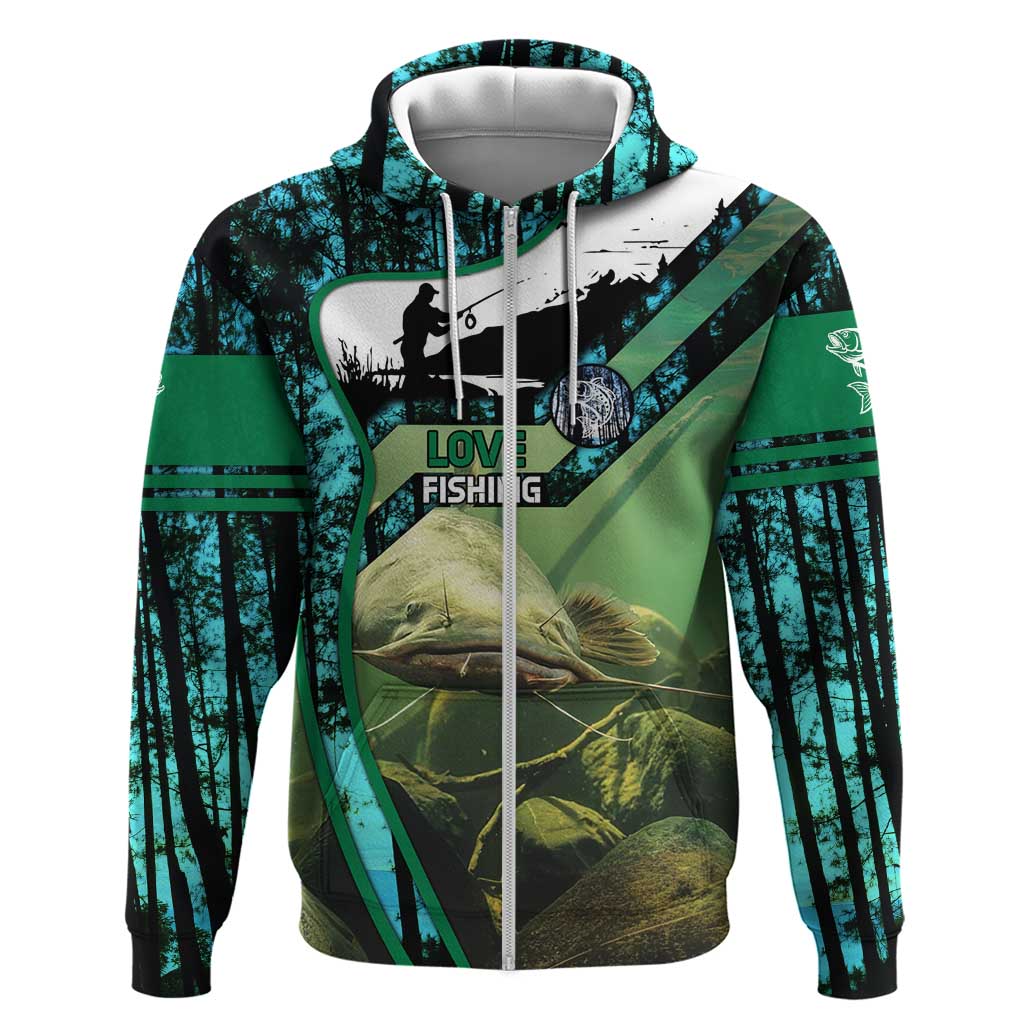Flathead Catfish Custom Name Hoodie Forest Silhouette and Green Blue Love Fishing Design - Wonder Print Shop