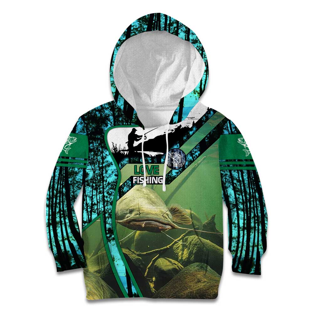Flathead Catfish Custom Name Kid Hoodie Forest Silhouette and Green Blue Love Fishing Design - Wonder Print Shop