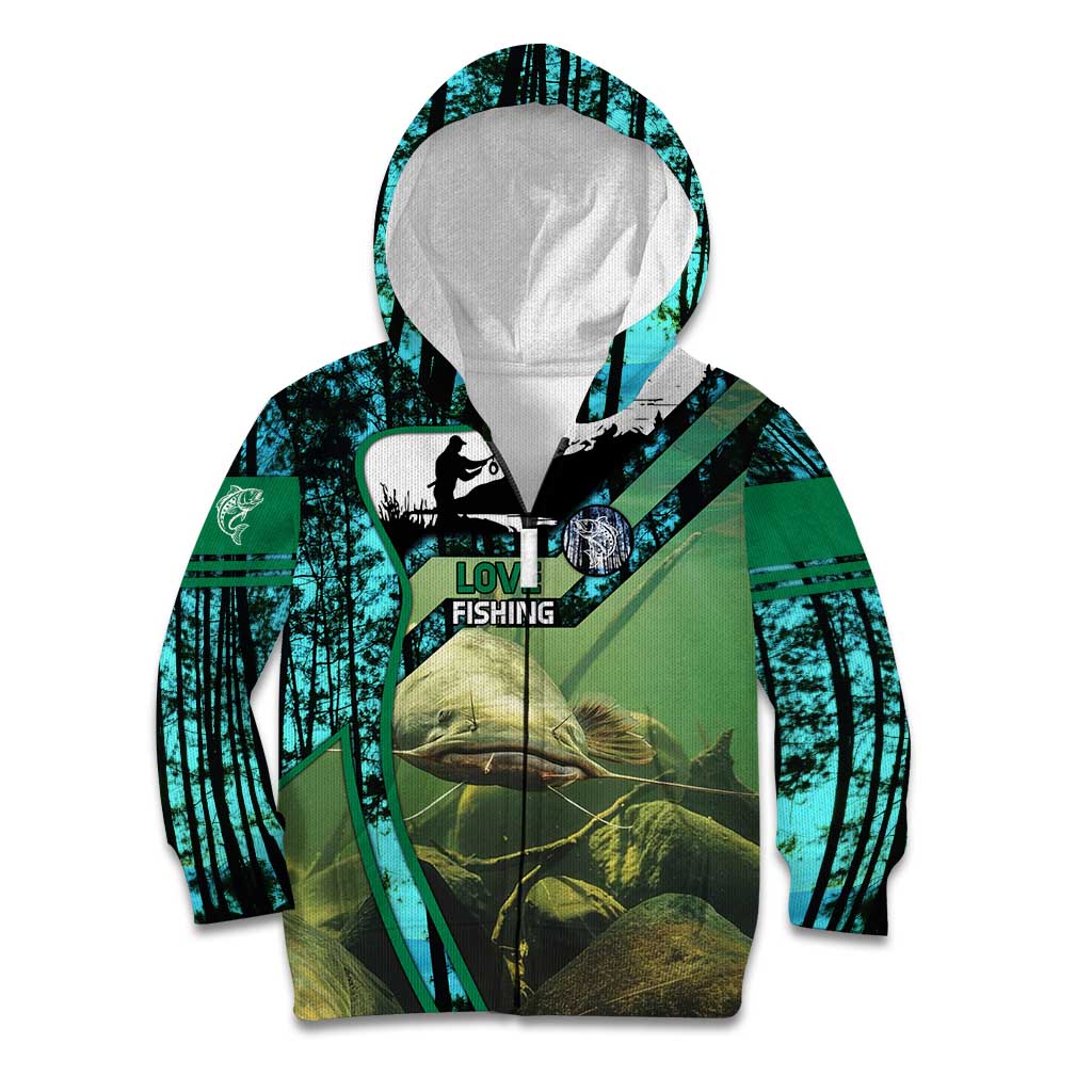 Flathead Catfish Custom Name Kid Hoodie Forest Silhouette and Green Blue Love Fishing Design - Wonder Print Shop