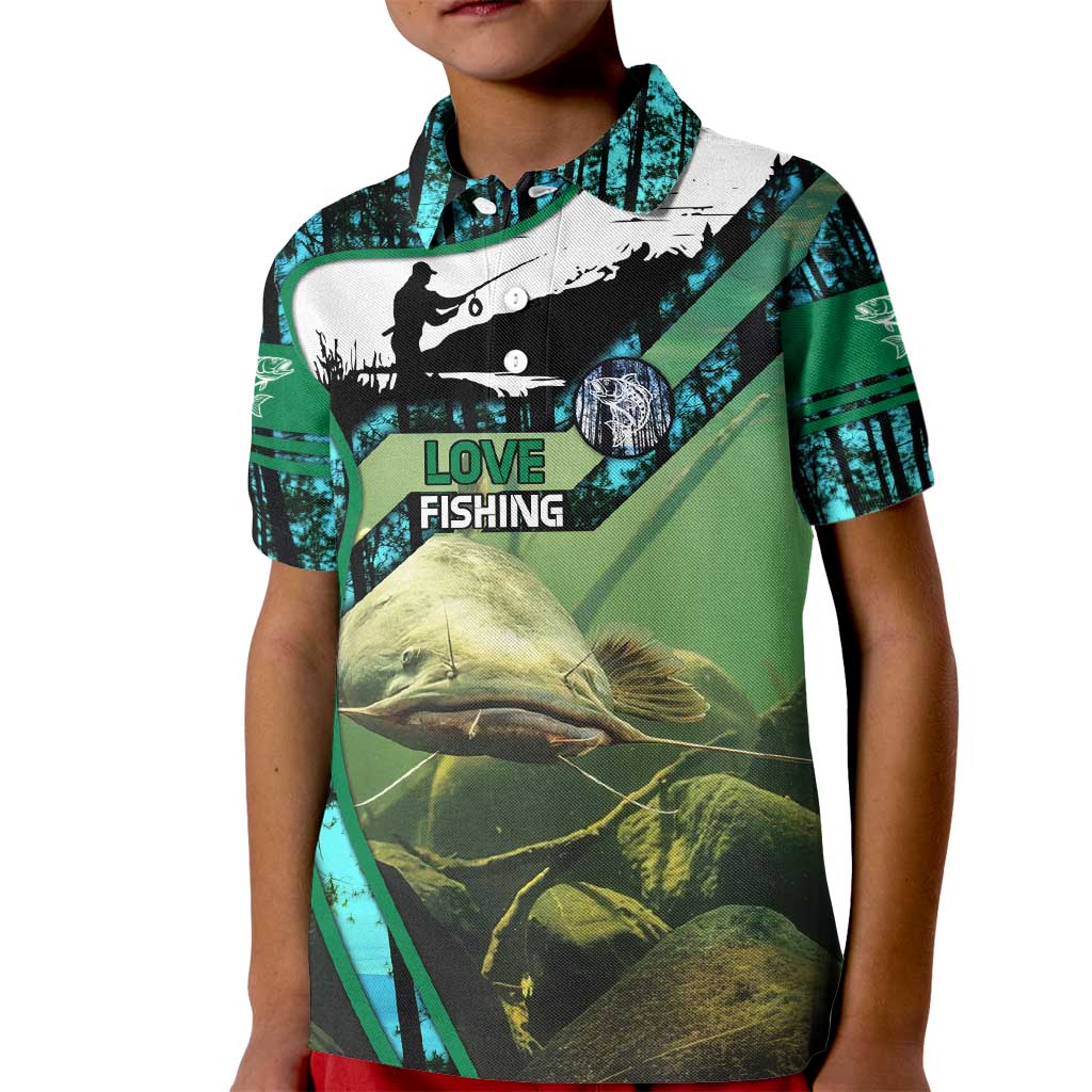 Flathead Catfish Custom Name Kid Polo Shirt Forest Silhouette and Green Blue Love Fishing Design - Wonder Print Shop