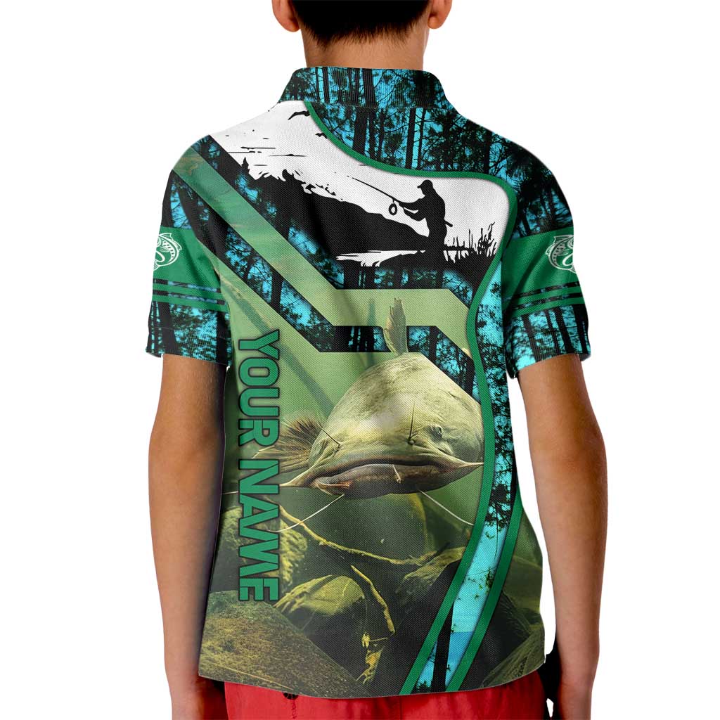 Flathead Catfish Custom Name Kid Polo Shirt Forest Silhouette and Green Blue Love Fishing Design - Wonder Print Shop