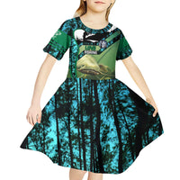Flathead Catfish Custom Name Kid Short Sleeve Dress Forest Silhouette and Green Blue Love Fishing Design - Wonder Print Shop