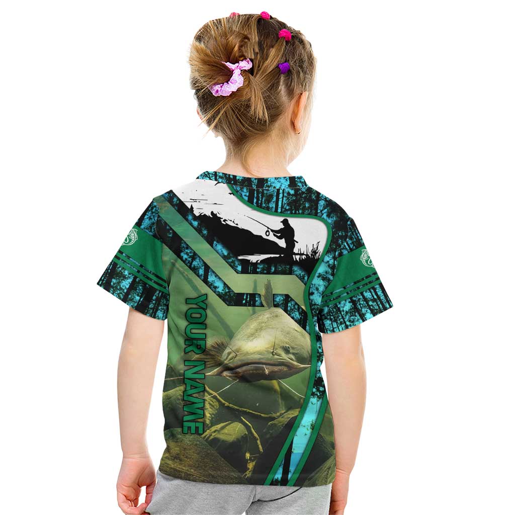 Flathead Catfish Custom Name Kid T Shirt Forest Silhouette and Green Blue Love Fishing Design - Wonder Print Shop