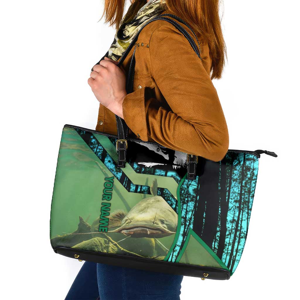 Flathead Catfish Custom Name Leather Tote Bag Forest Silhouette and Green Blue Love Fishing Design - Wonder Print Shop