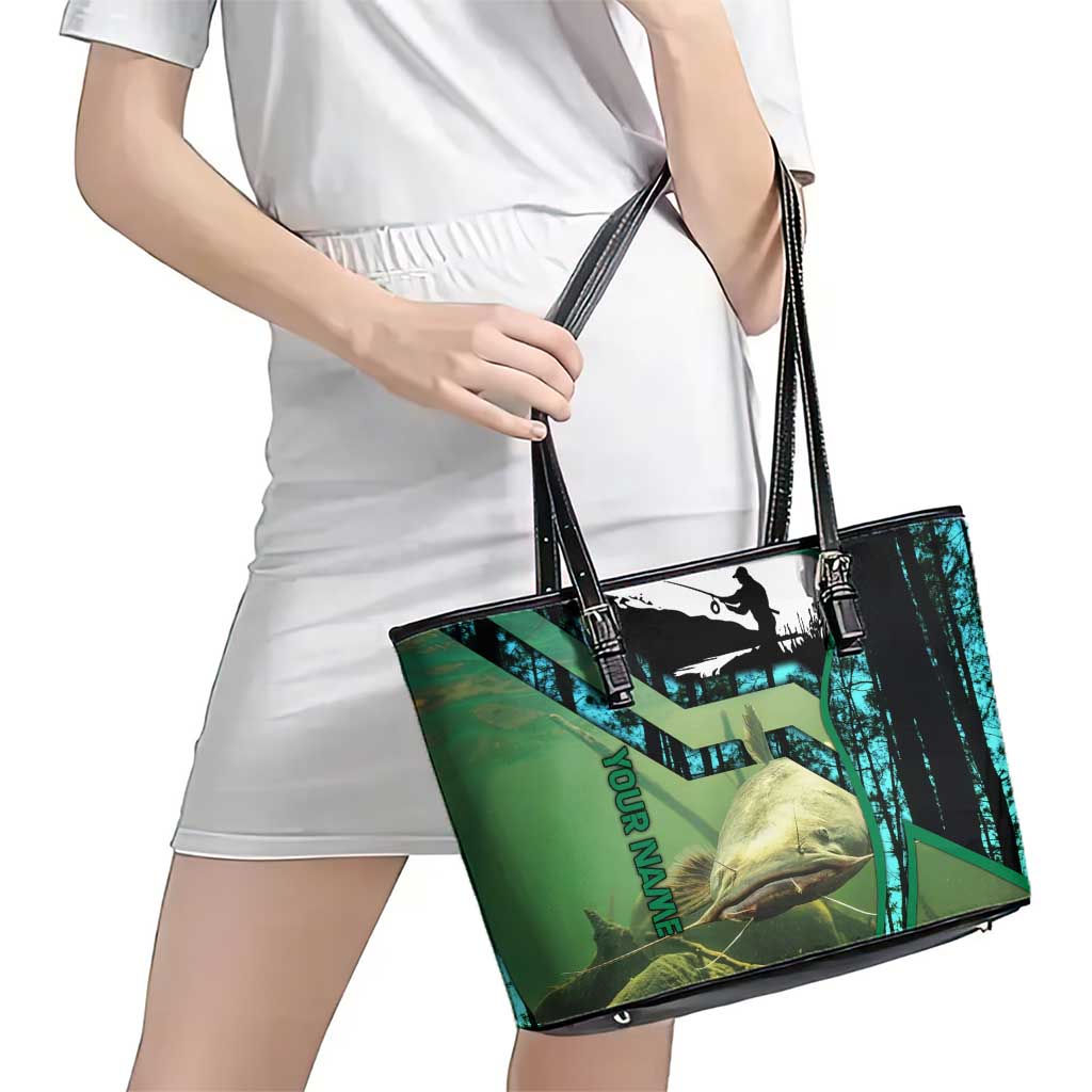 Flathead Catfish Custom Name Leather Tote Bag Forest Silhouette and Green Blue Love Fishing Design - Wonder Print Shop