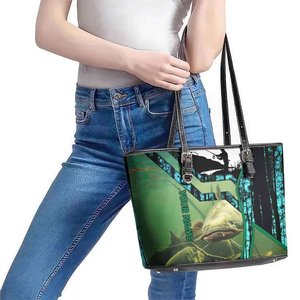Flathead Catfish Custom Name Leather Tote Bag Forest Silhouette and Green Blue Love Fishing Design - Wonder Print Shop