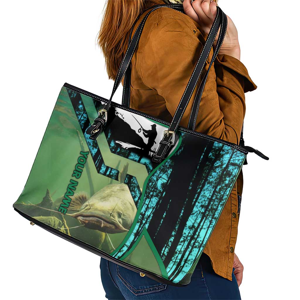 Flathead Catfish Custom Name Leather Tote Bag Forest Silhouette and Green Blue Love Fishing Design - Wonder Print Shop
