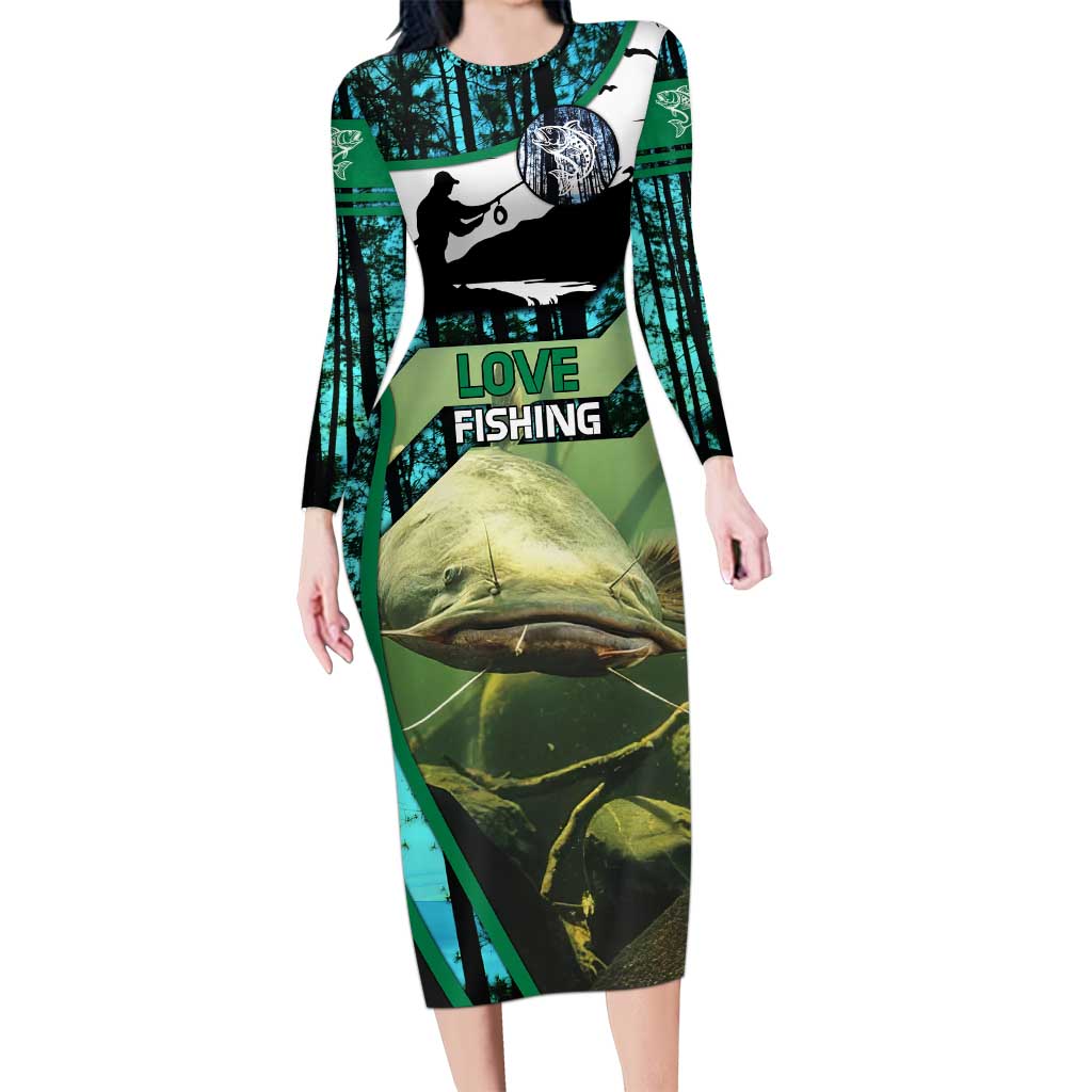 Flathead Catfish Custom Name Long Sleeve Bodycon Dress Forest Silhouette and Green Blue Love Fishing Design - Wonder Print Shop