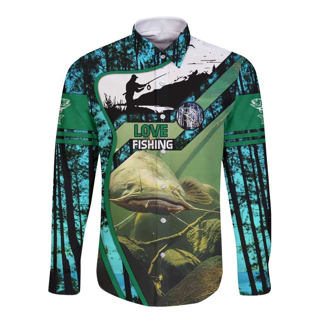 Flathead Catfish Custom Name Long Sleeve Button Shirt Forest Silhouette and Green Blue Love Fishing Design - Wonder Print Shop