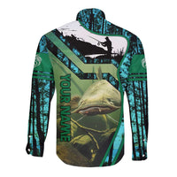 Flathead Catfish Custom Name Long Sleeve Button Shirt Forest Silhouette and Green Blue Love Fishing Design - Wonder Print Shop