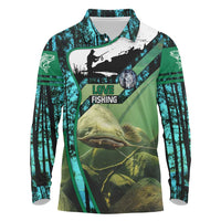 Flathead Catfish Custom Name Long Sleeve Polo Shirt Forest Silhouette and Green Blue Love Fishing Design - Wonder Print Shop