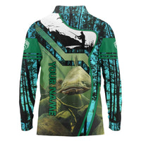 Flathead Catfish Custom Name Long Sleeve Polo Shirt Forest Silhouette and Green Blue Love Fishing Design - Wonder Print Shop