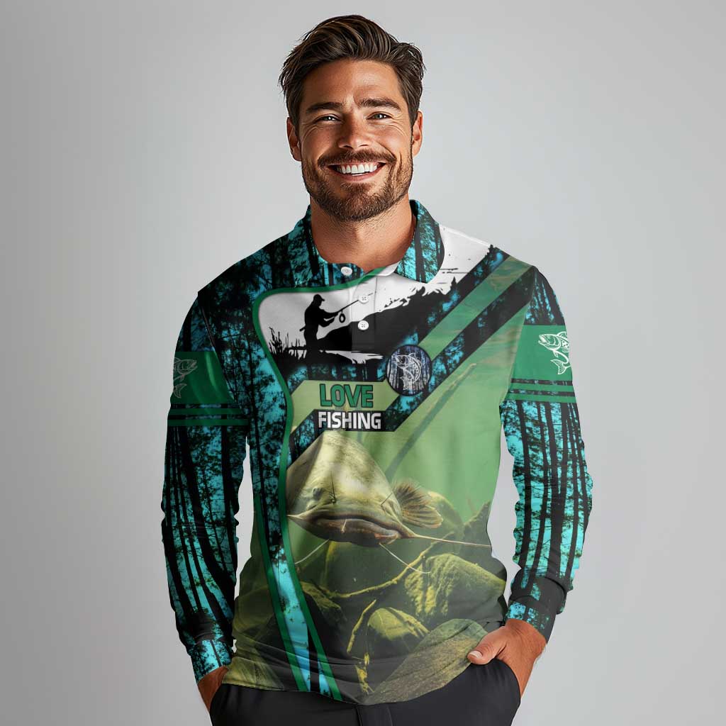 Flathead Catfish Custom Name Long Sleeve Polo Shirt Forest Silhouette and Green Blue Love Fishing Design - Wonder Print Shop