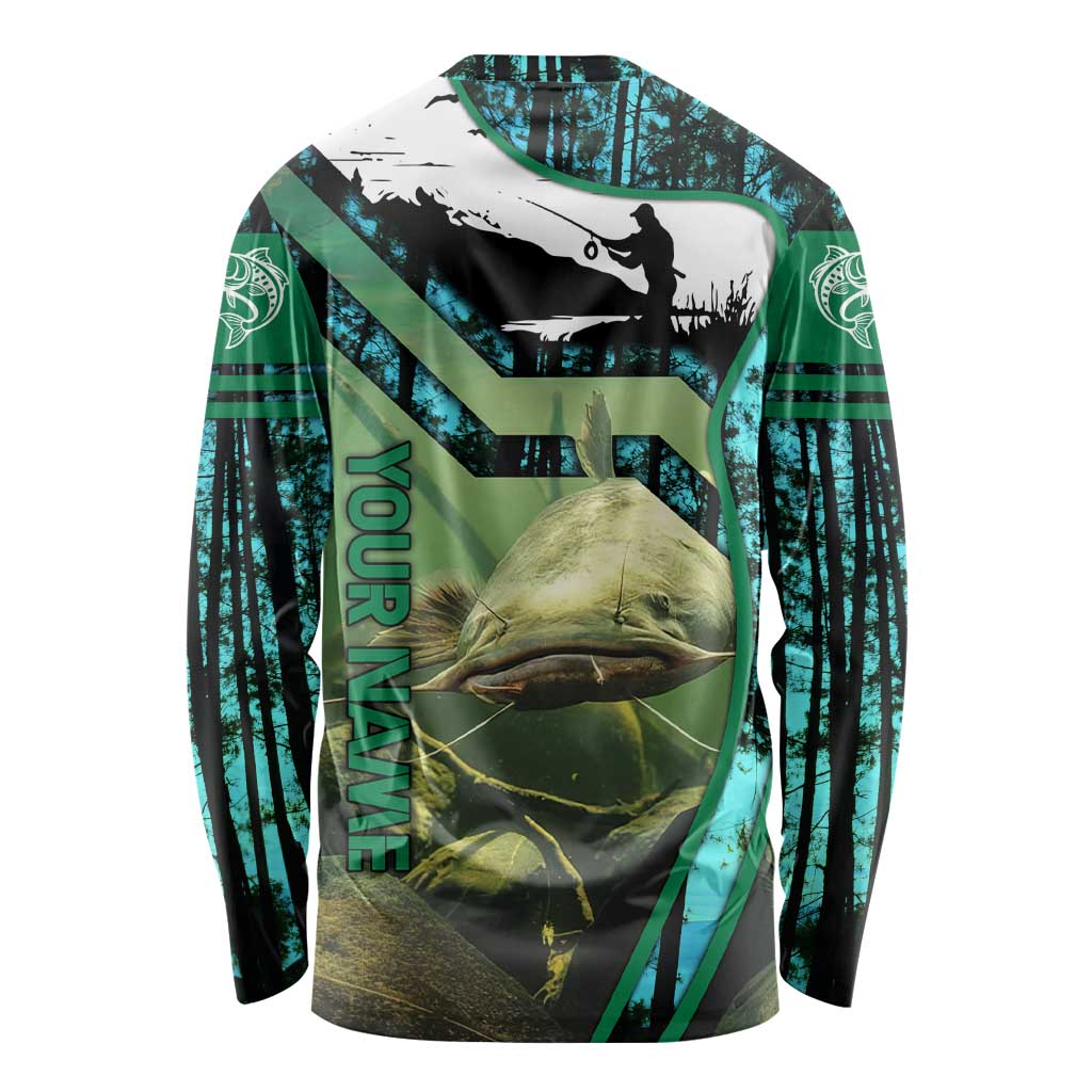 Flathead Catfish Custom Name Long Sleeve Shirt Forest Silhouette and Green Blue Love Fishing Design - Wonder Print Shop