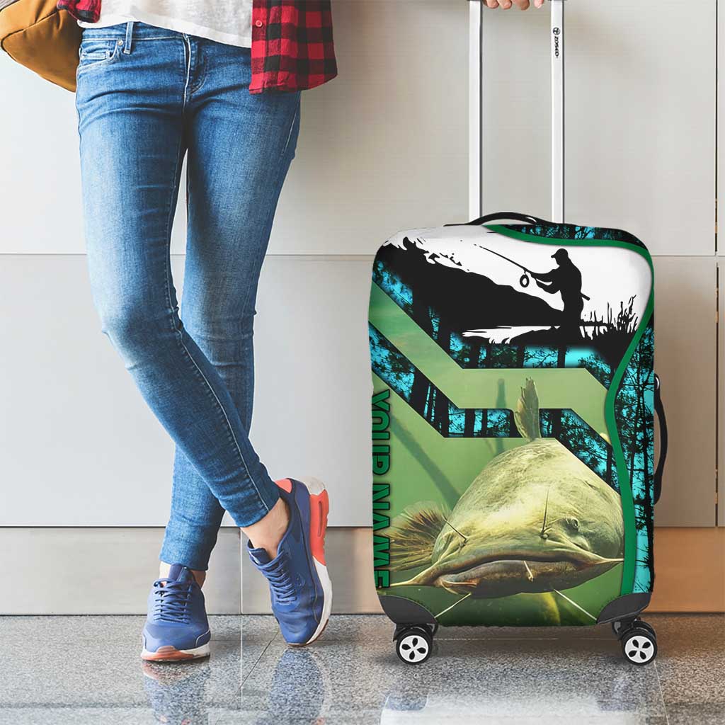 Flathead Catfish Custom Name Luggage Cover Forest Silhouette and Green Blue Love Fishing Design - Wonder Print Shop