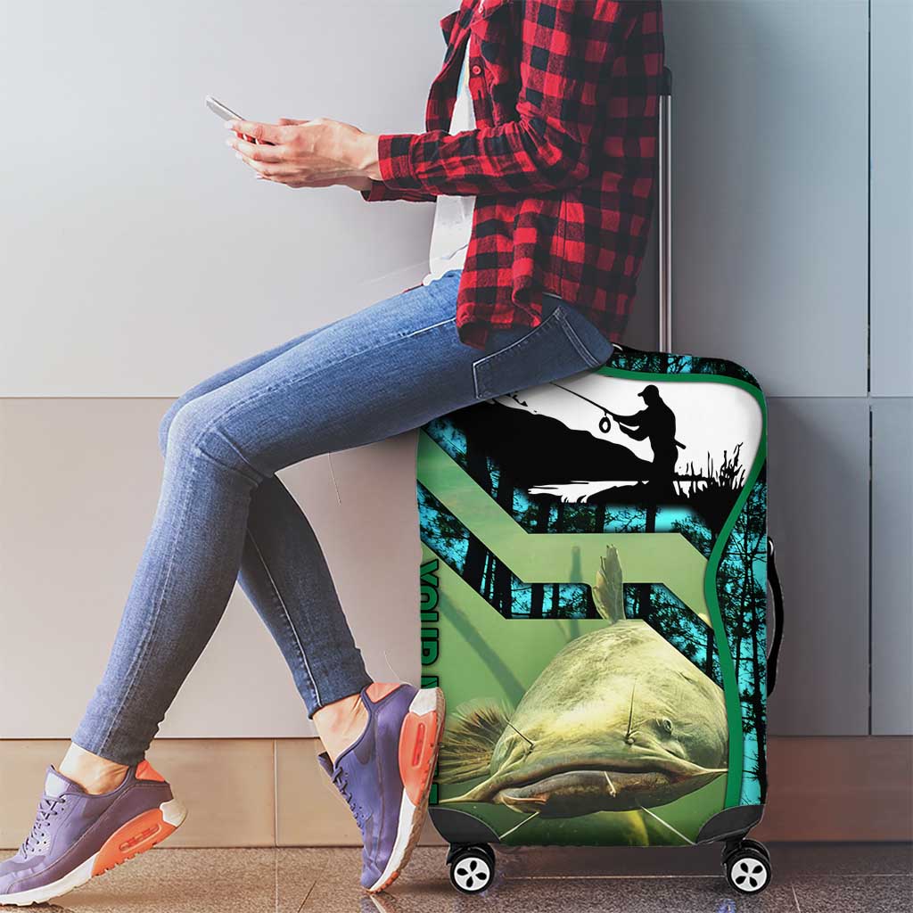 Flathead Catfish Custom Name Luggage Cover Forest Silhouette and Green Blue Love Fishing Design - Wonder Print Shop