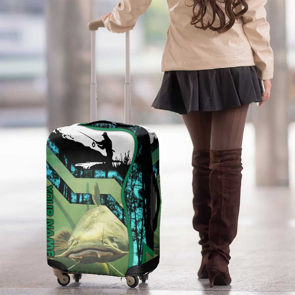Flathead Catfish Custom Name Luggage Cover Forest Silhouette and Green Blue Love Fishing Design - Wonder Print Shop