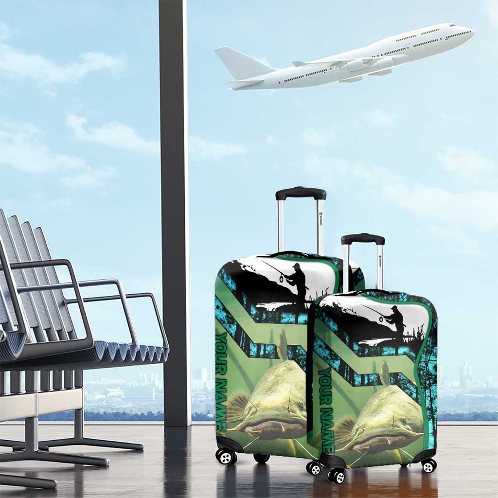Flathead Catfish Custom Name Luggage Cover Forest Silhouette and Green Blue Love Fishing Design - Wonder Print Shop