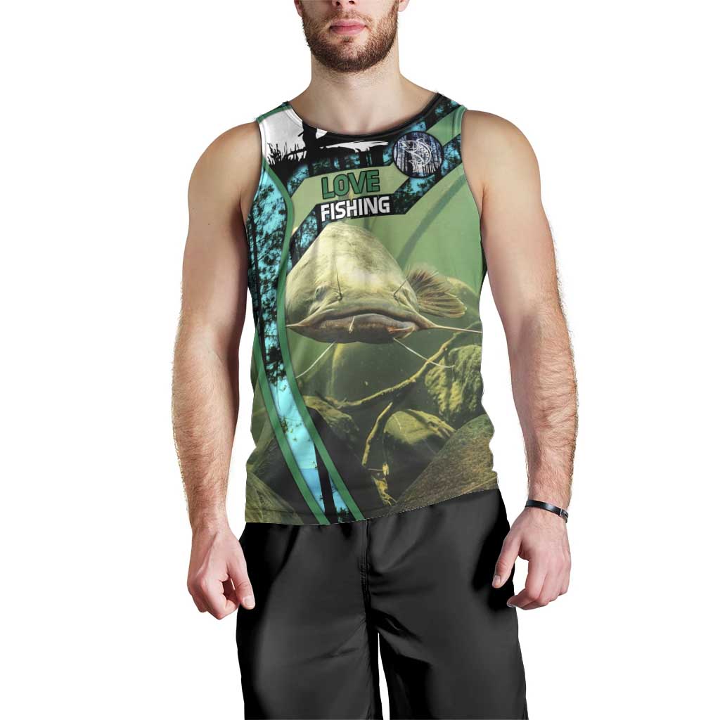 Flathead Catfish Custom Name Men Tank Top Forest Silhouette and Green Blue Love Fishing Design - Wonder Print Shop