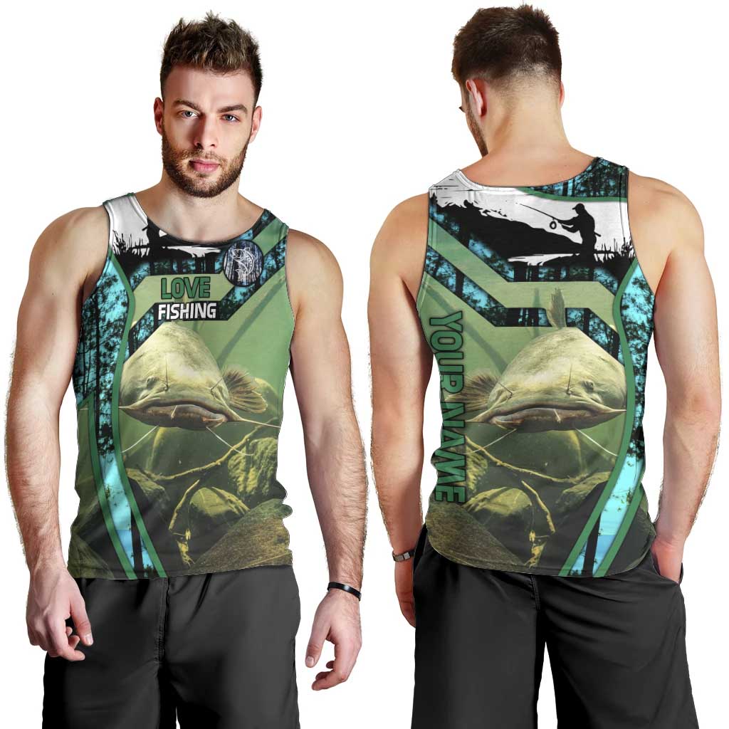 Flathead Catfish Custom Name Men Tank Top Forest Silhouette and Green Blue Love Fishing Design - Wonder Print Shop