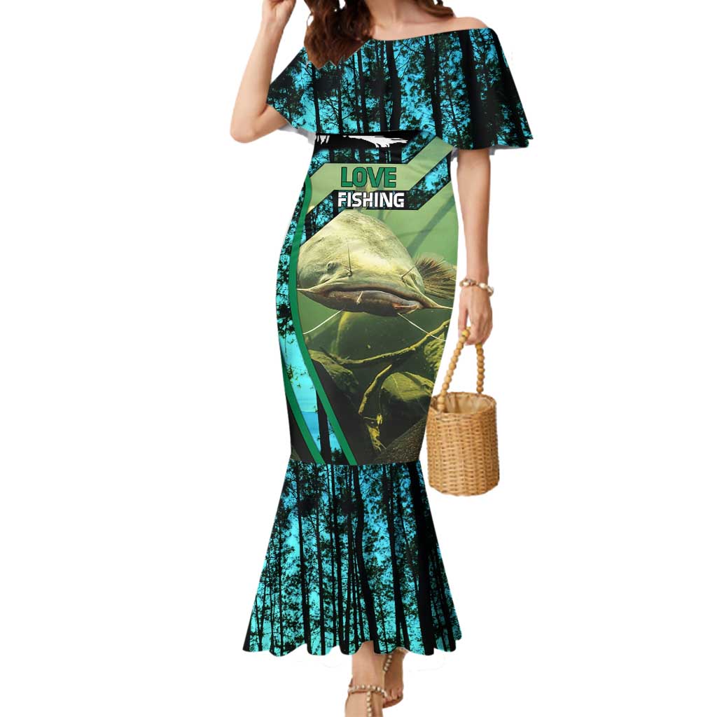 Flathead Catfish Custom Name Mermaid Dress Forest Silhouette and Green Blue Love Fishing Design - Wonder Print Shop