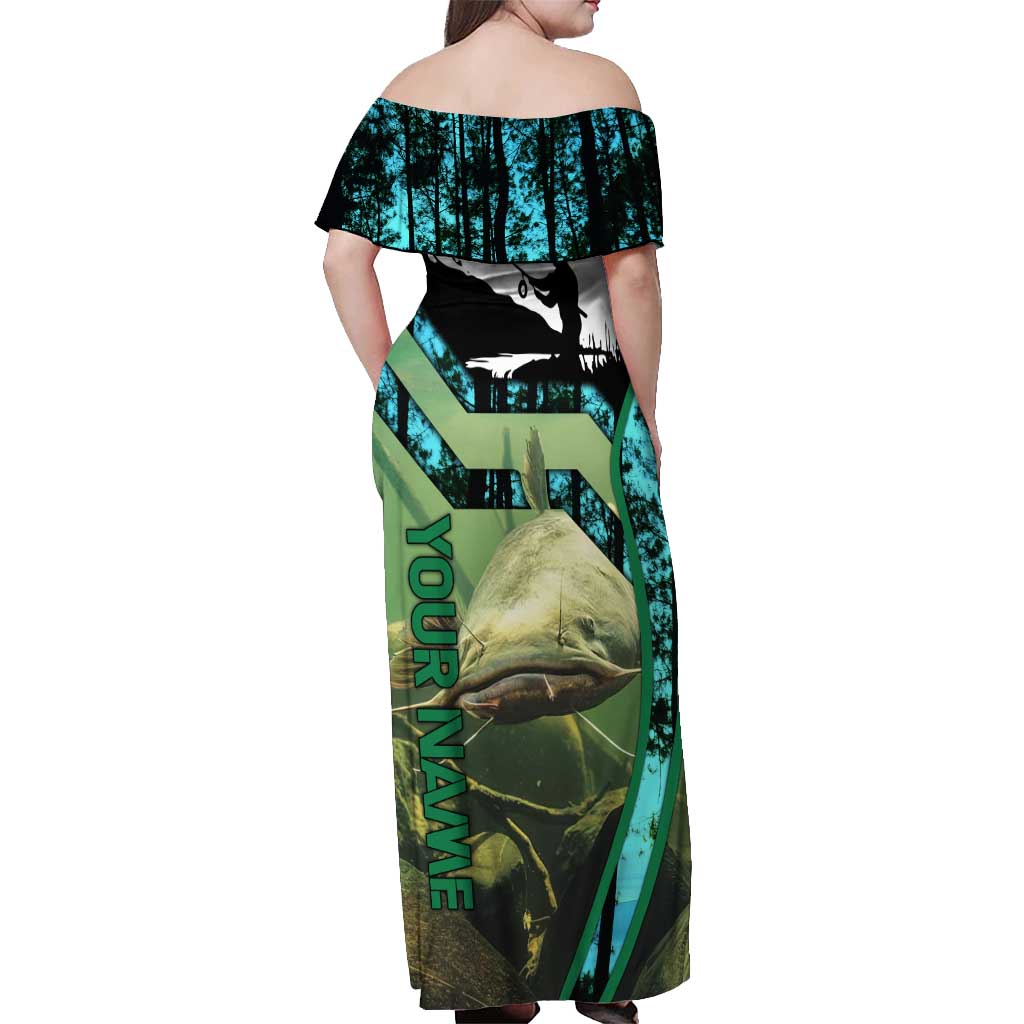 Flathead Catfish Custom Name Off Shoulder Maxi Dress Forest Silhouette and Green Blue Love Fishing Design - Wonder Print Shop