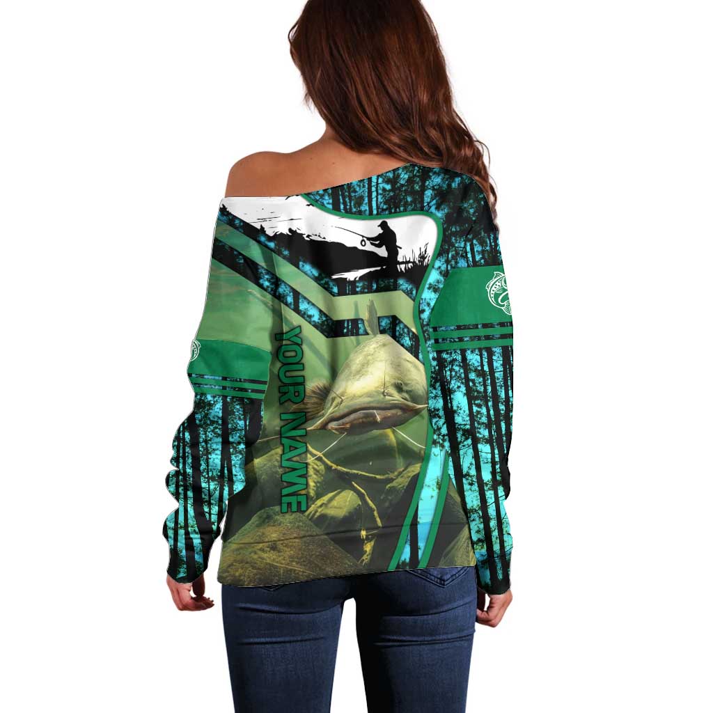 Flathead Catfish Custom Name Off Shoulder Sweater Forest Silhouette and Green Blue Love Fishing Design - Wonder Print Shop