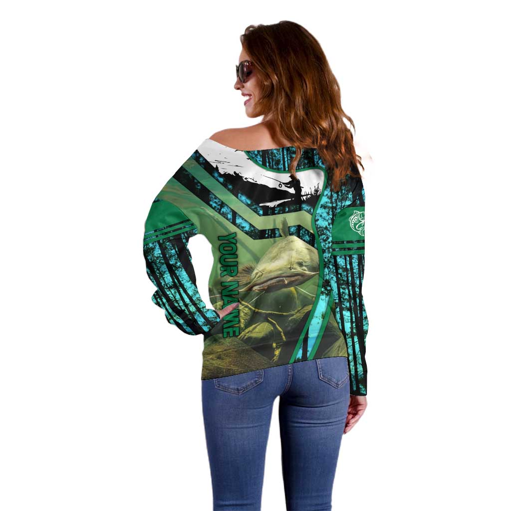 Flathead Catfish Custom Name Off Shoulder Sweater Forest Silhouette and Green Blue Love Fishing Design - Wonder Print Shop