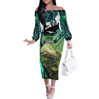 Flathead Catfish Custom Name Off The Shoulder Long Sleeve Dress Forest Silhouette and Green Blue Love Fishing Design - Wonder Print Shop