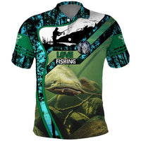 Flathead Catfish Custom Name Polo Shirt Forest Silhouette and Green Blue Love Fishing Design - Wonder Print Shop