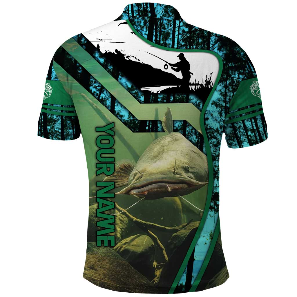 Flathead Catfish Custom Name Polo Shirt Forest Silhouette and Green Blue Love Fishing Design - Wonder Print Shop