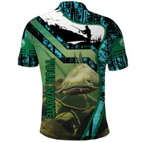 Flathead Catfish Custom Name Polo Shirt Forest Silhouette and Green Blue Love Fishing Design - Wonder Print Shop