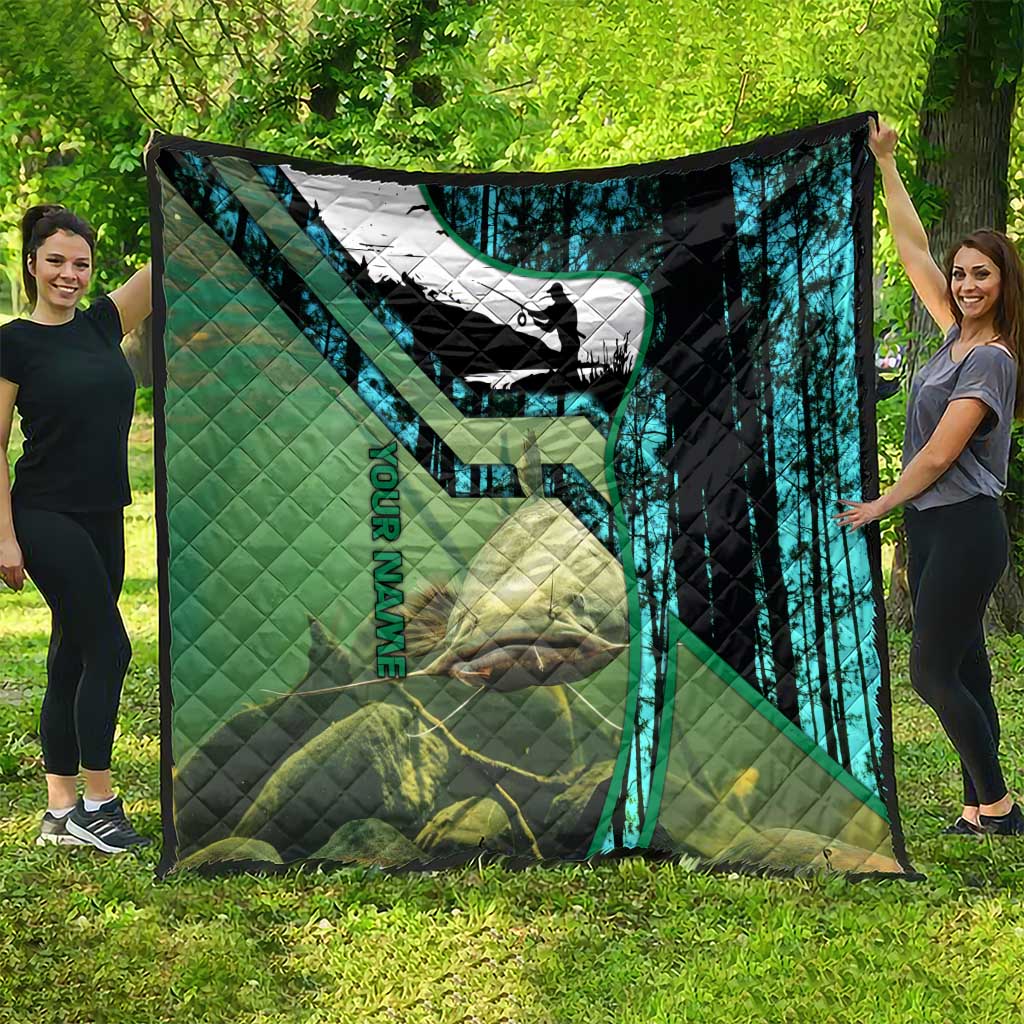 Flathead Catfish Custom Name Quilt Forest Silhouette and Green Blue Love Fishing Design - Wonder Print Shop