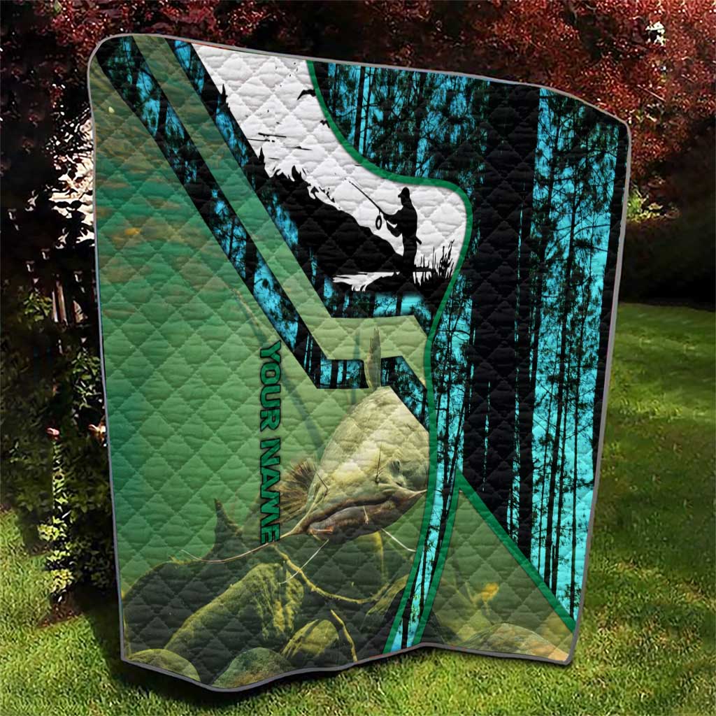 Flathead Catfish Custom Name Quilt Forest Silhouette and Green Blue Love Fishing Design - Wonder Print Shop