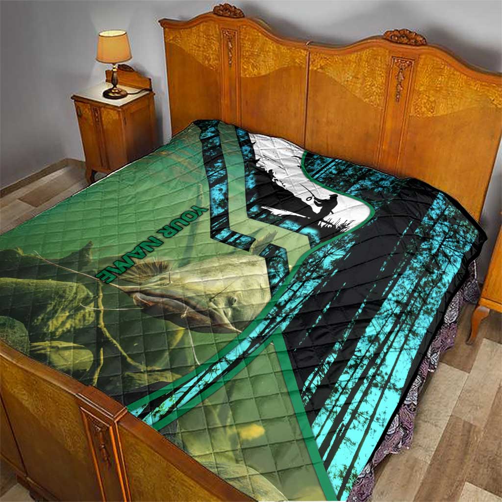 Flathead Catfish Custom Name Quilt Forest Silhouette and Green Blue Love Fishing Design - Wonder Print Shop