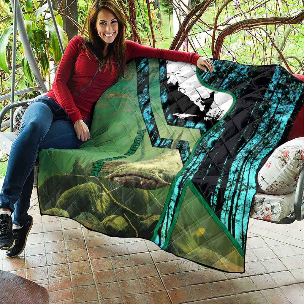 Flathead Catfish Custom Name Quilt Forest Silhouette and Green Blue Love Fishing Design - Wonder Print Shop