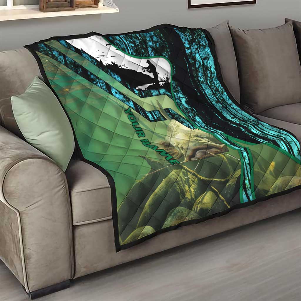 Flathead Catfish Custom Name Quilt Forest Silhouette and Green Blue Love Fishing Design - Wonder Print Shop