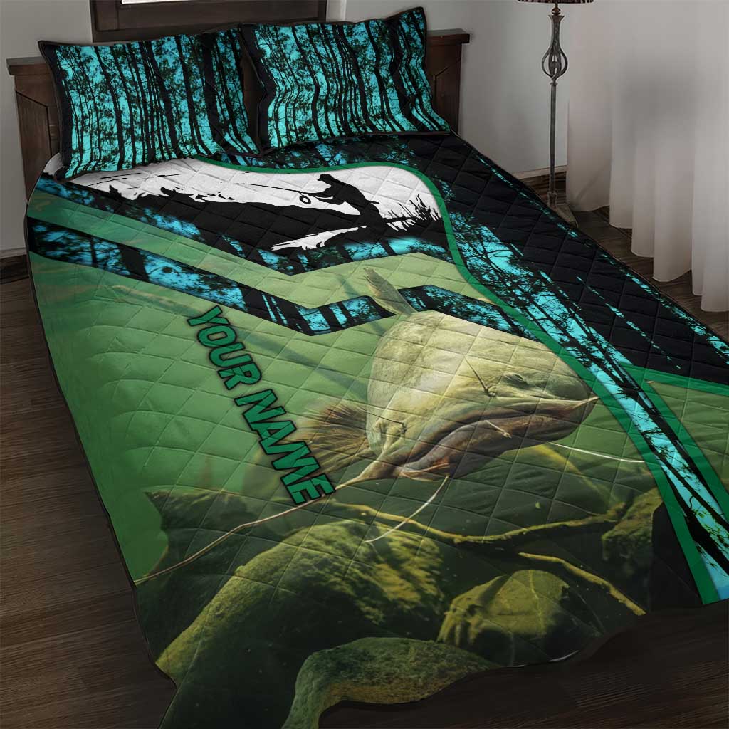 Flathead Catfish Custom Name Quilt Bed Set Forest Silhouette and Green Blue Love Fishing Design - Wonder Print Shop