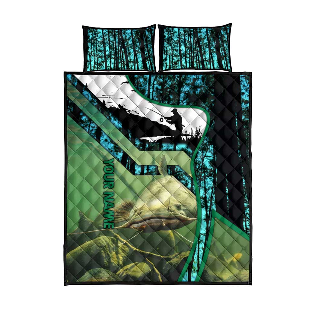 Flathead Catfish Custom Name Quilt Bed Set Forest Silhouette and Green Blue Love Fishing Design - Wonder Print Shop