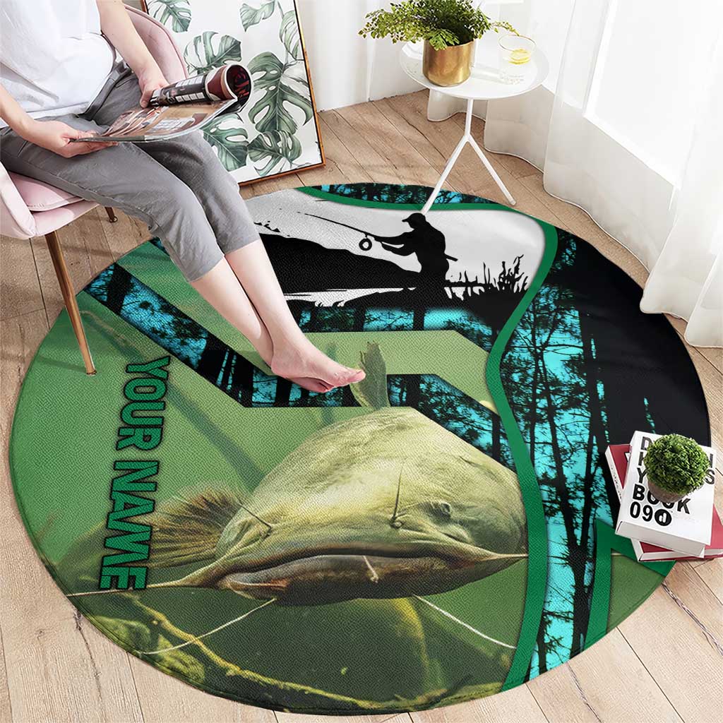 Flathead Catfish Custom Name Round Carpet Forest Silhouette and Green Blue Love Fishing Design - Wonder Print Shop