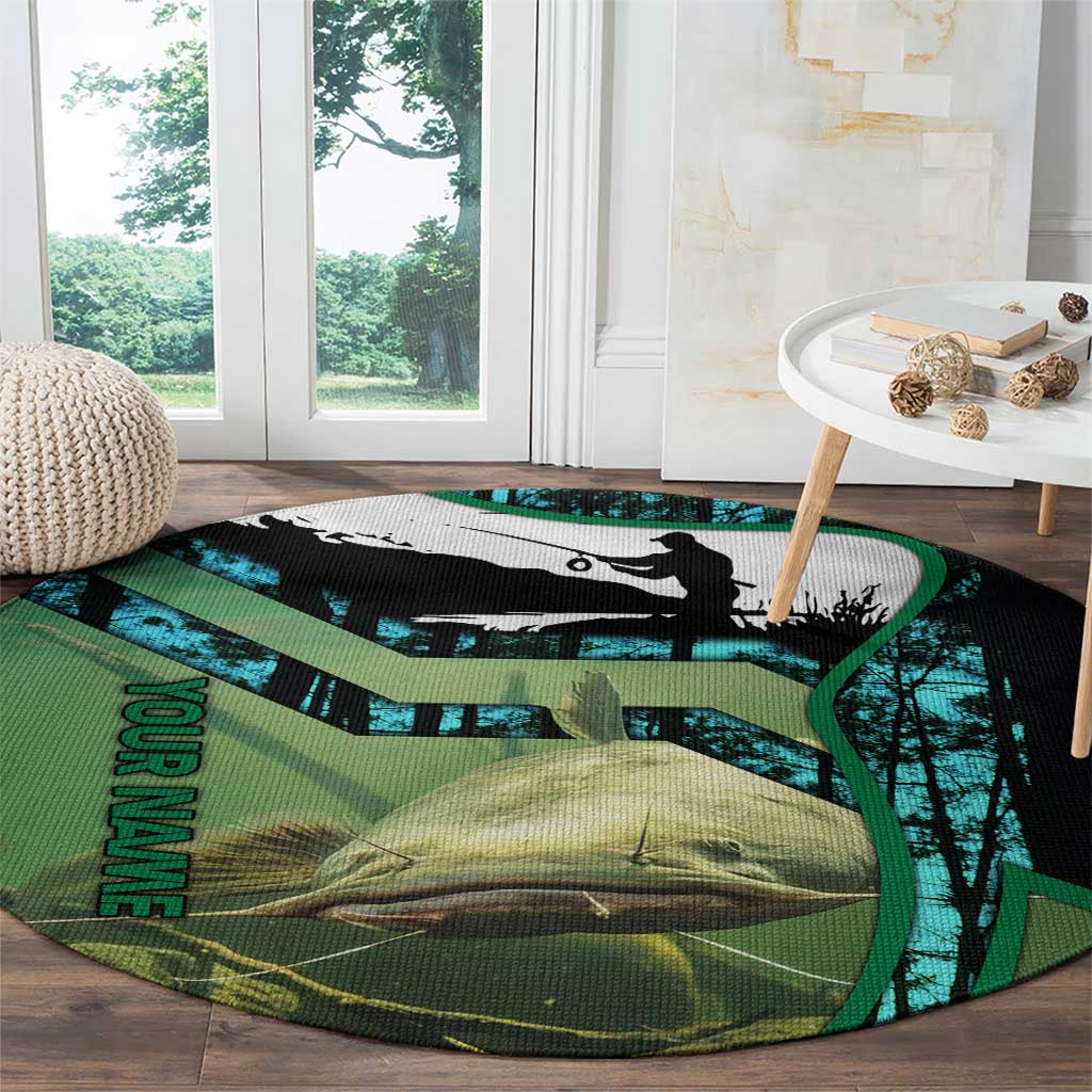 Flathead Catfish Custom Name Round Carpet Forest Silhouette and Green Blue Love Fishing Design - Wonder Print Shop