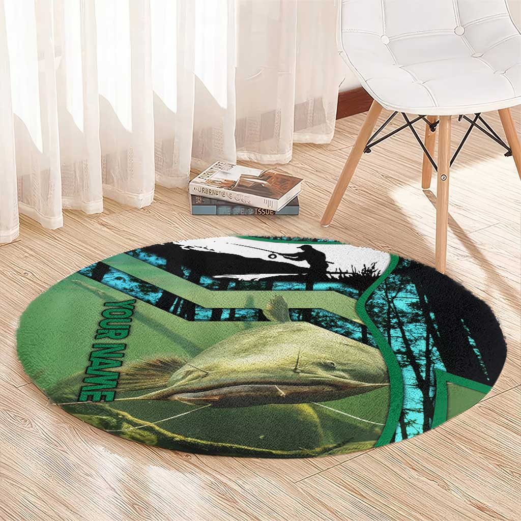 Flathead Catfish Custom Name Round Carpet Forest Silhouette and Green Blue Love Fishing Design - Wonder Print Shop