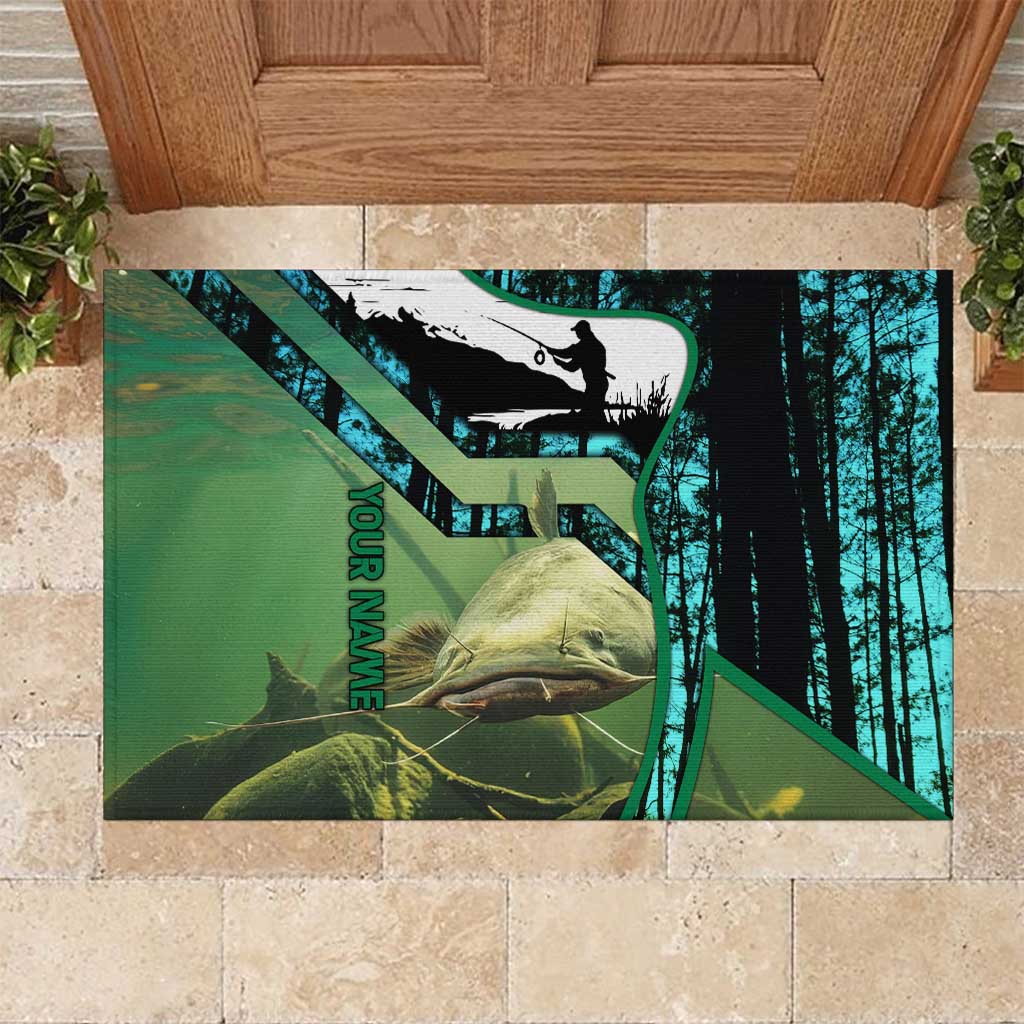 Flathead Catfish Custom Name Rubber Doormat Forest Silhouette and Green Blue Love Fishing Design - Wonder Print Shop