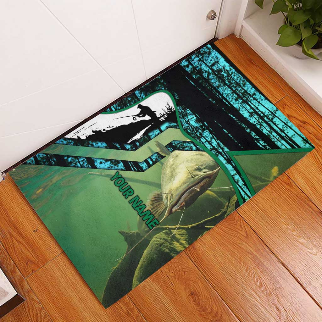 Flathead Catfish Custom Name Rubber Doormat Forest Silhouette and Green Blue Love Fishing Design - Wonder Print Shop