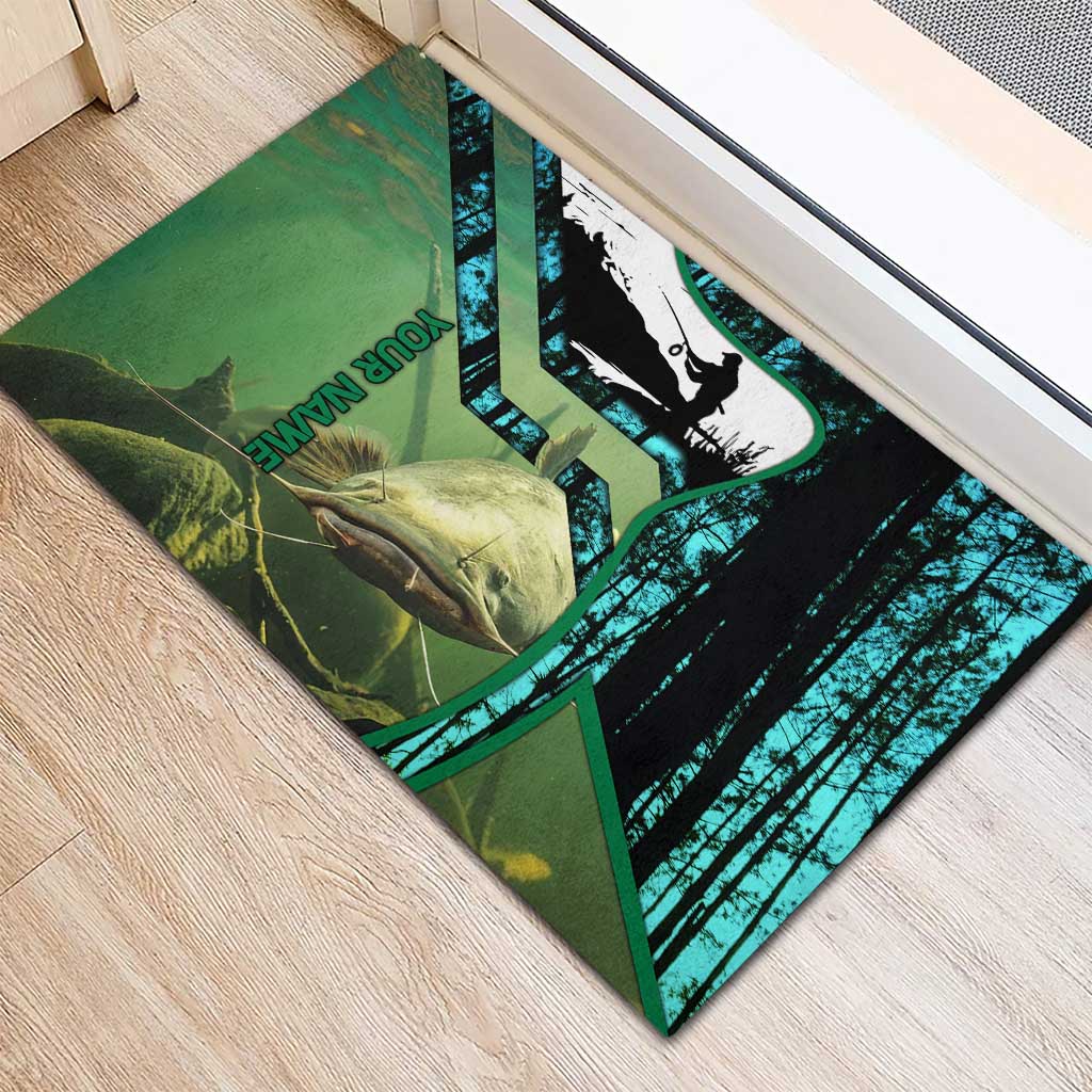 Flathead Catfish Custom Name Rubber Doormat Forest Silhouette and Green Blue Love Fishing Design - Wonder Print Shop