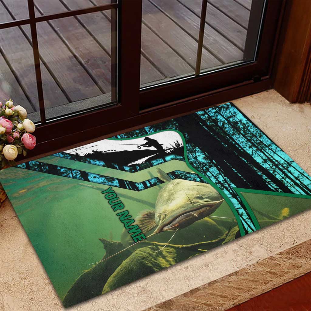 Flathead Catfish Custom Name Rubber Doormat Forest Silhouette and Green Blue Love Fishing Design - Wonder Print Shop