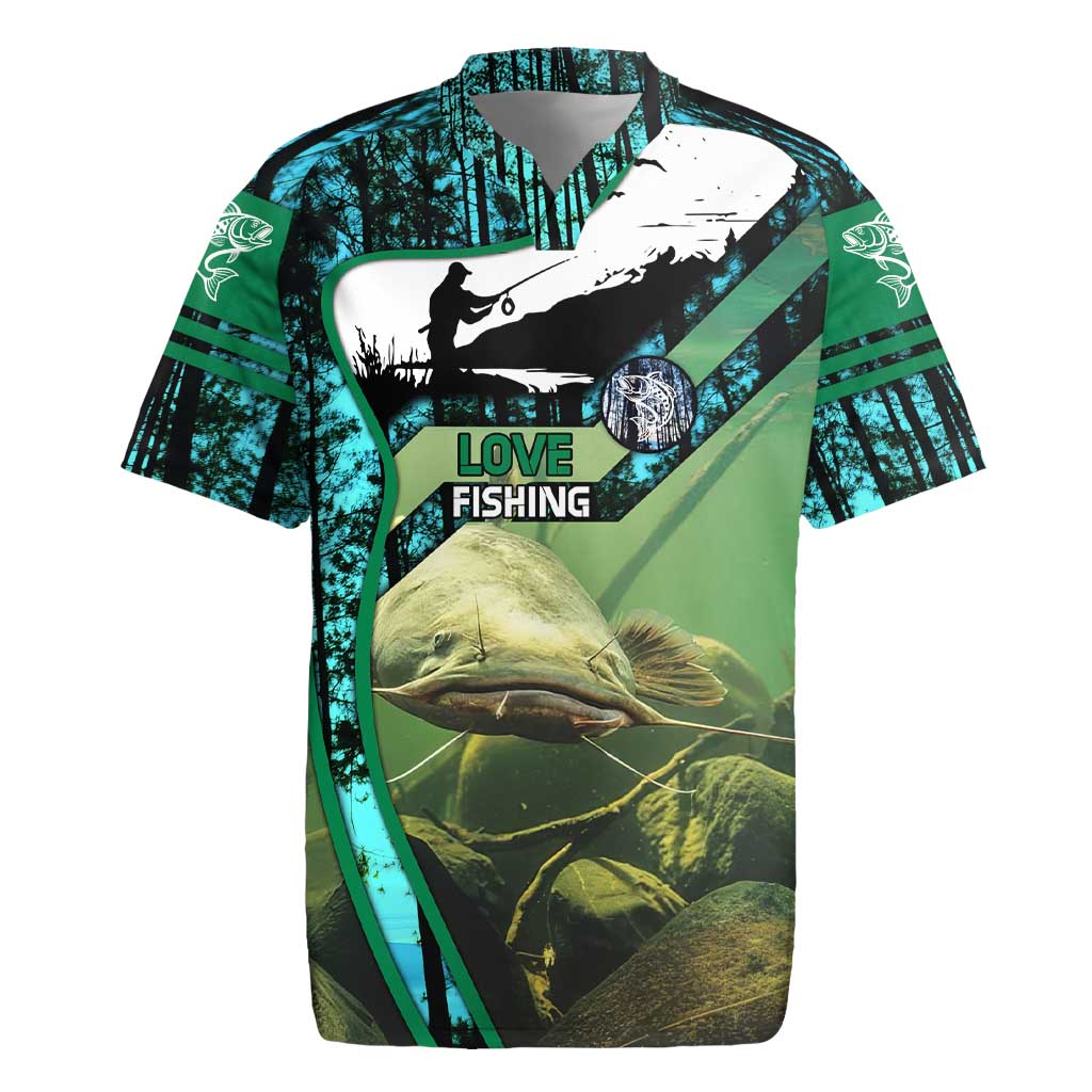 Flathead Catfish Custom Name Rugby Jersey Forest Silhouette and Green Blue Love Fishing Design - Wonder Print Shop