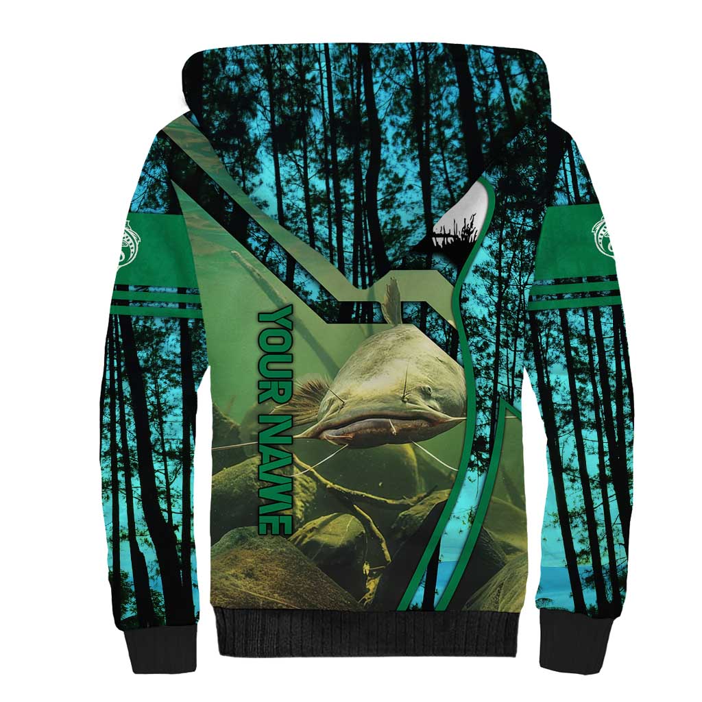 Flathead Catfish Custom Name Sherpa Hoodie Forest Silhouette and Green Blue Love Fishing Design - Wonder Print Shop